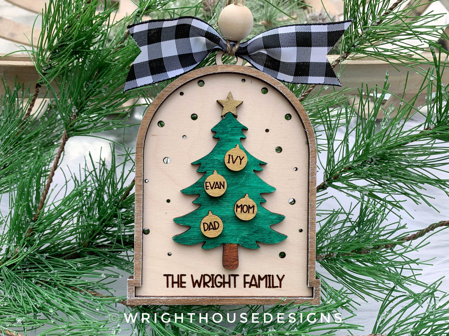 Rustic Farmhouse Family Name Ornament - Personalized Pine Tree Ornament - Christmas Keepsake - Holiday Gift for Couples - Lightcatcher