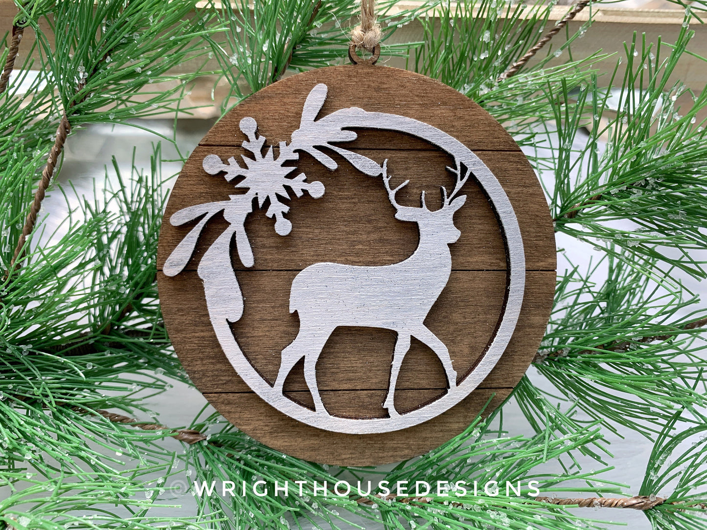 Rustic Winter Woodland Christmas Farmhouse Ornaments - Snow, Pine Tree, Reindeer - Winter Ski Lodge Style Rounds - Holiday Tiered Tray Decor