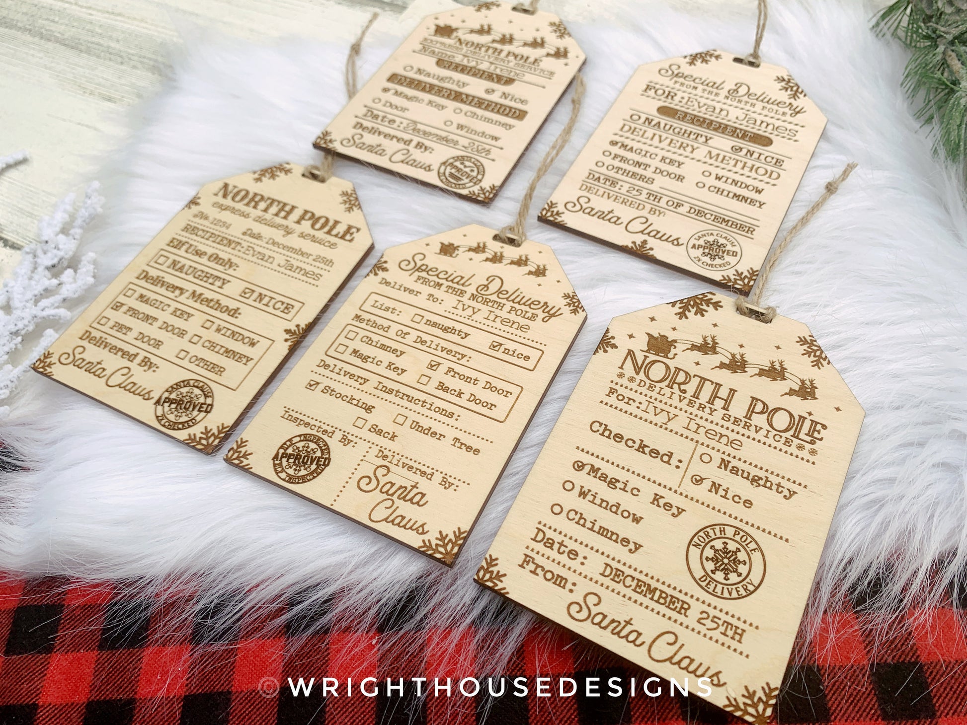 Santa's North Pole Express Delivery Gift Bag Tags - Wooden Engraved Christmas Labels - Personalized Name Tag - Holiday Ornament for Kids