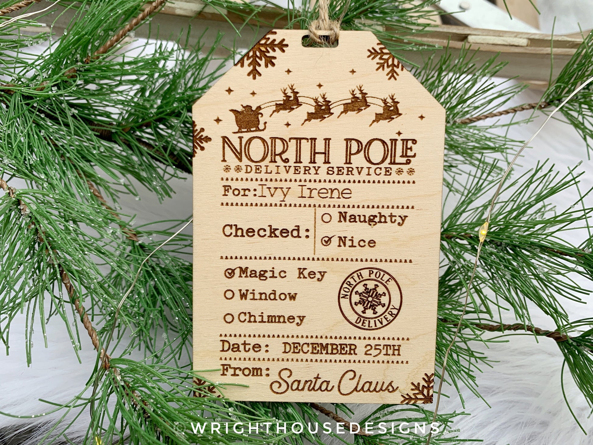 Santa's North Pole Express Delivery Gift Bag Tags - Wooden Engraved Christmas Labels - Personalized Name Tag - Holiday Ornament for Kids