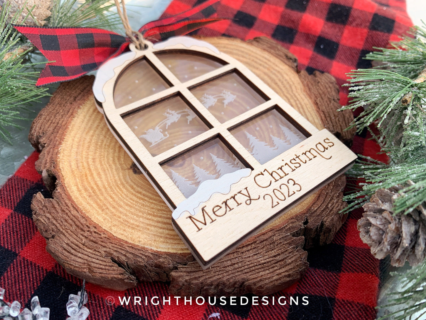 Santa Sleigh Snowy Winter Woodland Scene Ornament - Engraved Personalized Christmas Tree Ornament - Layered Wood and Acrylic Window Ornament