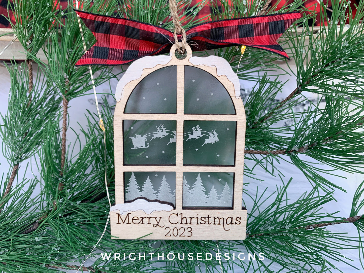 Santa Sleigh Snowy Winter Woodland Scene Ornament - Engraved Personalized Christmas Tree Ornament - Layered Wood and Acrylic Window Ornament
