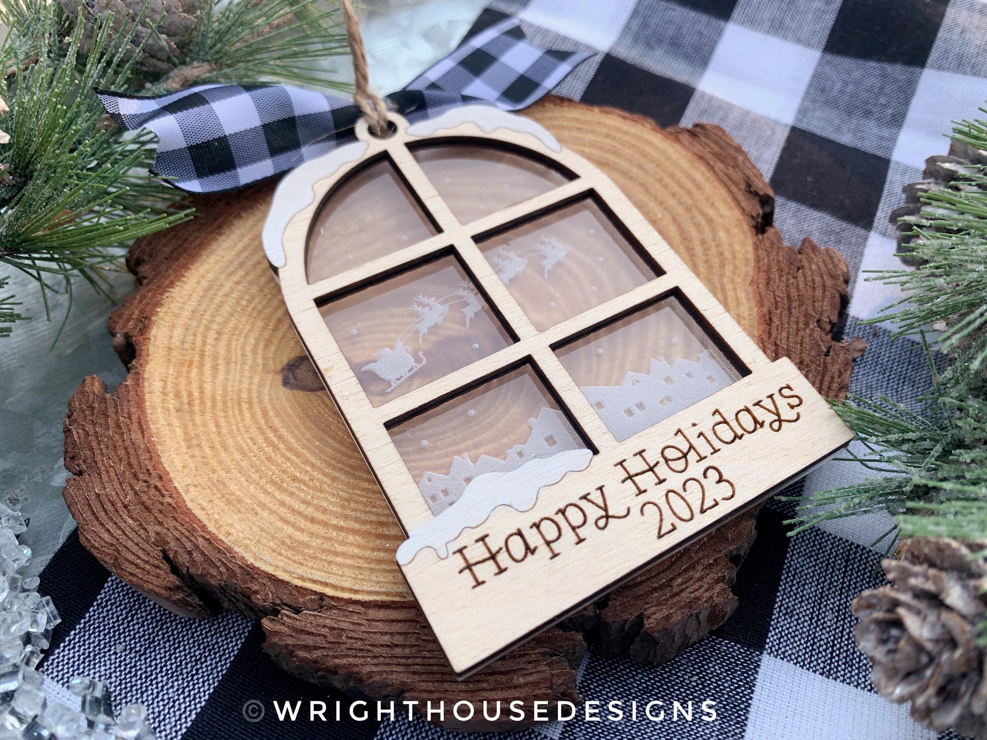 Santa Sleigh Winter Cityscape Scene Ornament - Engraved Personalized Christmas Eve Tree Ornament - Layered Wood and Acrylic Window Ornament