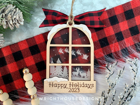 Santa Sleigh Winter Woodland Scene Ornament - Engraved Personalized Yearly Christmas Eve Ornament - Layered Wood and Acrylic Window Ornament