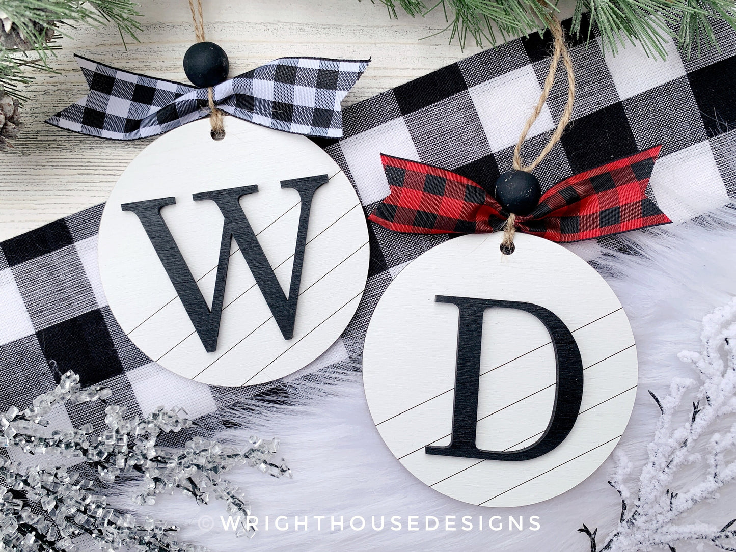 Custom Initial Pattern Monogram Ornament - Farmhouse Minimalist Christmas Tree Ornament - Round Shiplap Stocking Tag - Couples Holiday Gift