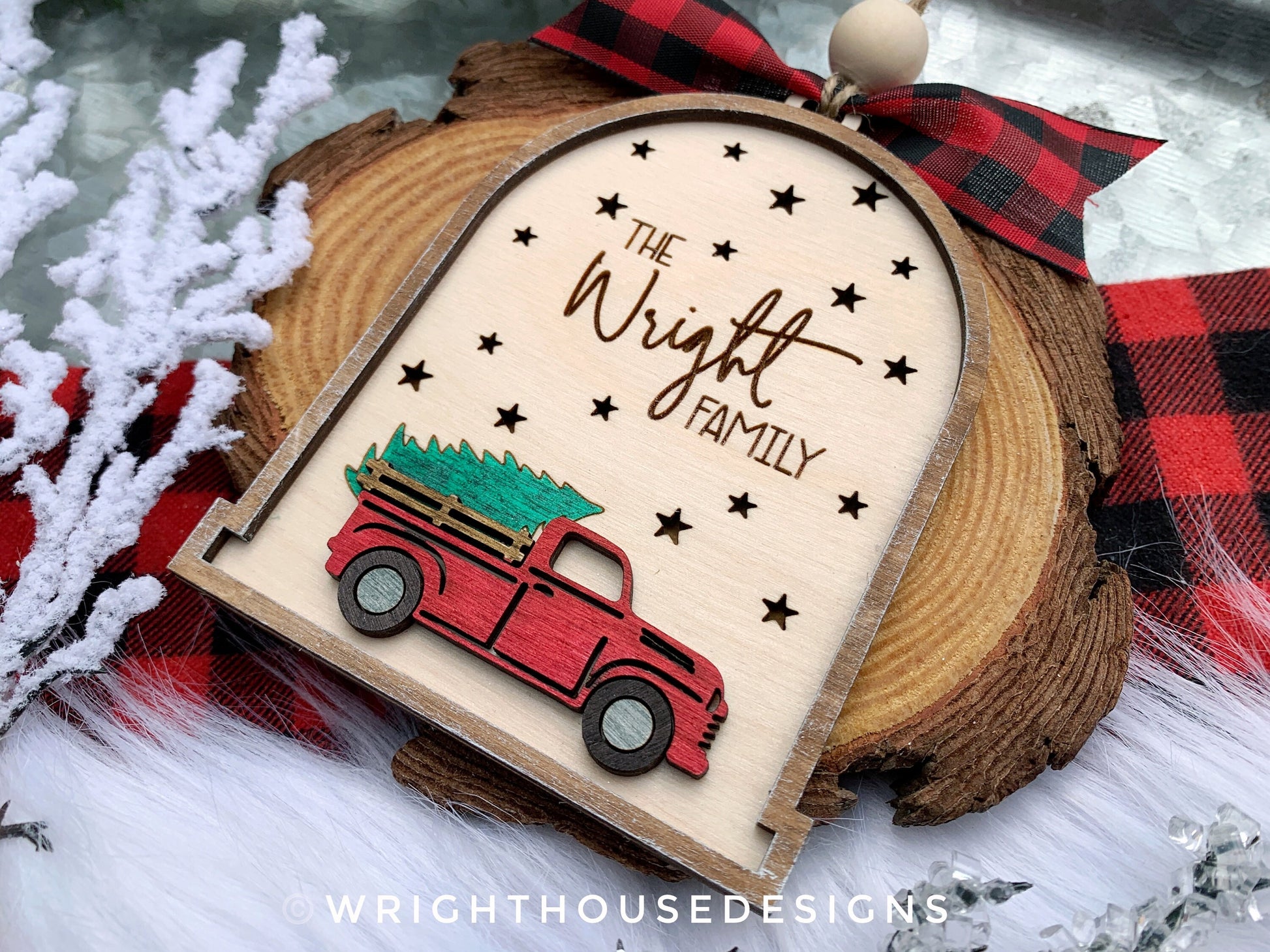 Rustic Farmhouse Family Name Ornament - Personalized Red Truck Ornament - Christmas Keepsake - Holiday Gift for Couples - Lightcatcher