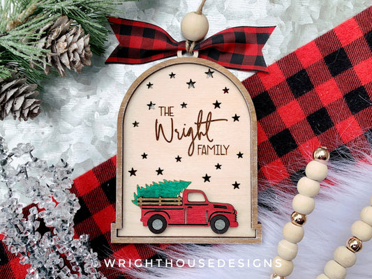 Rustic Farmhouse Family Name Ornament - Personalized Red Truck Ornament - Christmas Keepsake - Holiday Gift for Couples - Lightcatcher