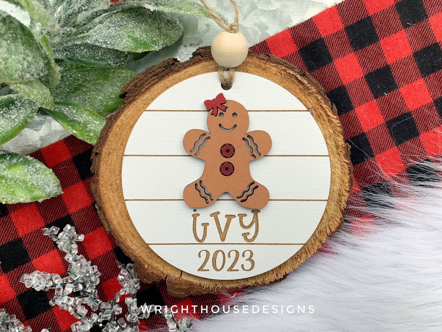 Gingerbread Boy and Girl Yearly Christmas Tree Ornament - Personalized Name Keepsake - Wooden Shiplap Gift Bag and Stocking Tags For Kids