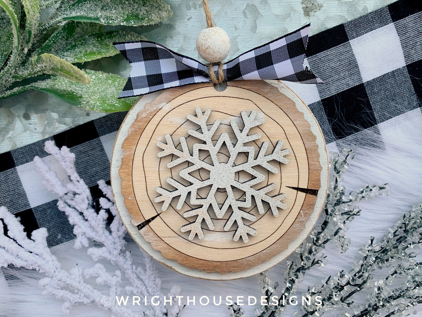Snowflake Wood Slice Christmas Tree Ornaments - Winter Ski Lodge Style Wood Tree Cookie - Holiday Tiered Tray Decor - Rustic Farmhouse Decor