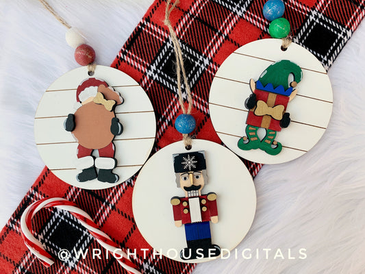Santa Elf Nutcracker Yearly Christmas Tree Ornament - Personalized Name Keepsake - Wooden Shiplap Gift Bag and Stocking Tags For The Family