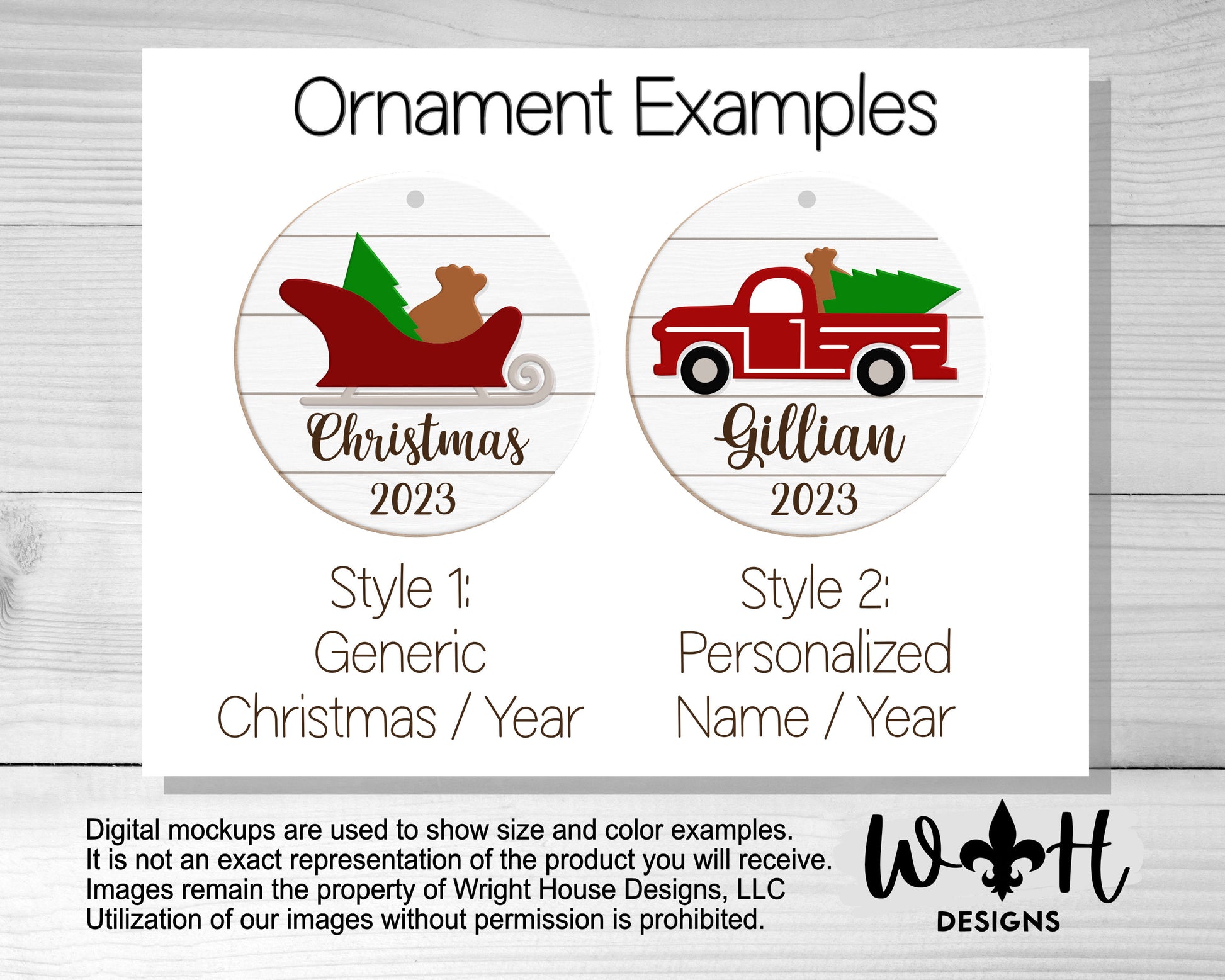 Personalized Farmhouse - Vintage Truck - Holly Wreath - Laser Engraved Shiplap - Stocking Tag - Wooden Christmas 2023 Tree Ornaments