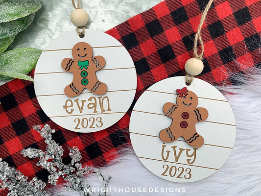 Gingerbread Boy and Girl Yearly Christmas Tree Ornament - Personalized Name Keepsake - Wooden Shiplap Gift Bag and Stocking Tags For Kids
