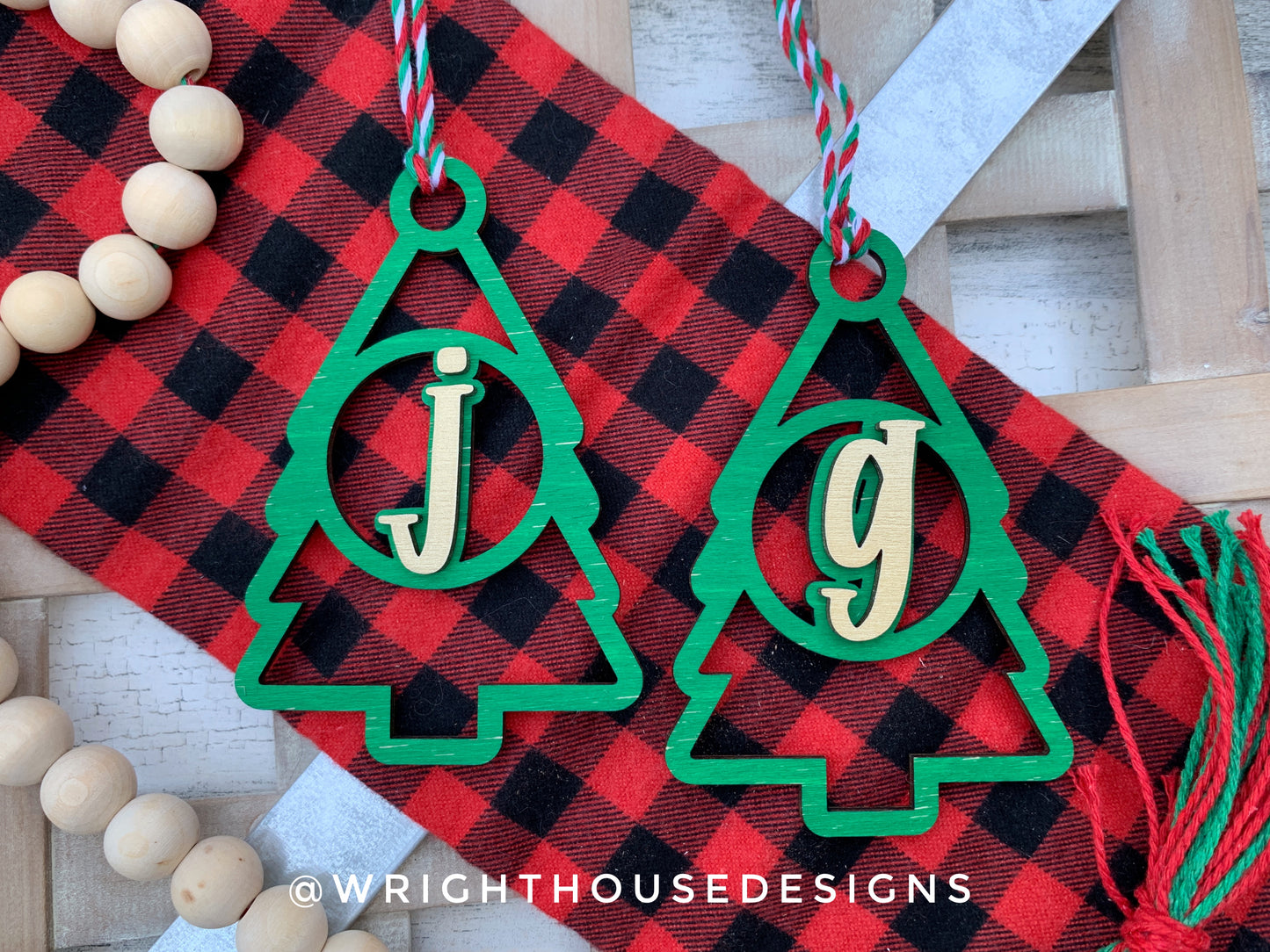 Personalized Pine Tree - Monogram Name Initial - Wooden Christmas Tree Ornament - Gift Bag Tag - Handmade - Winter Decor - Holiday Gift