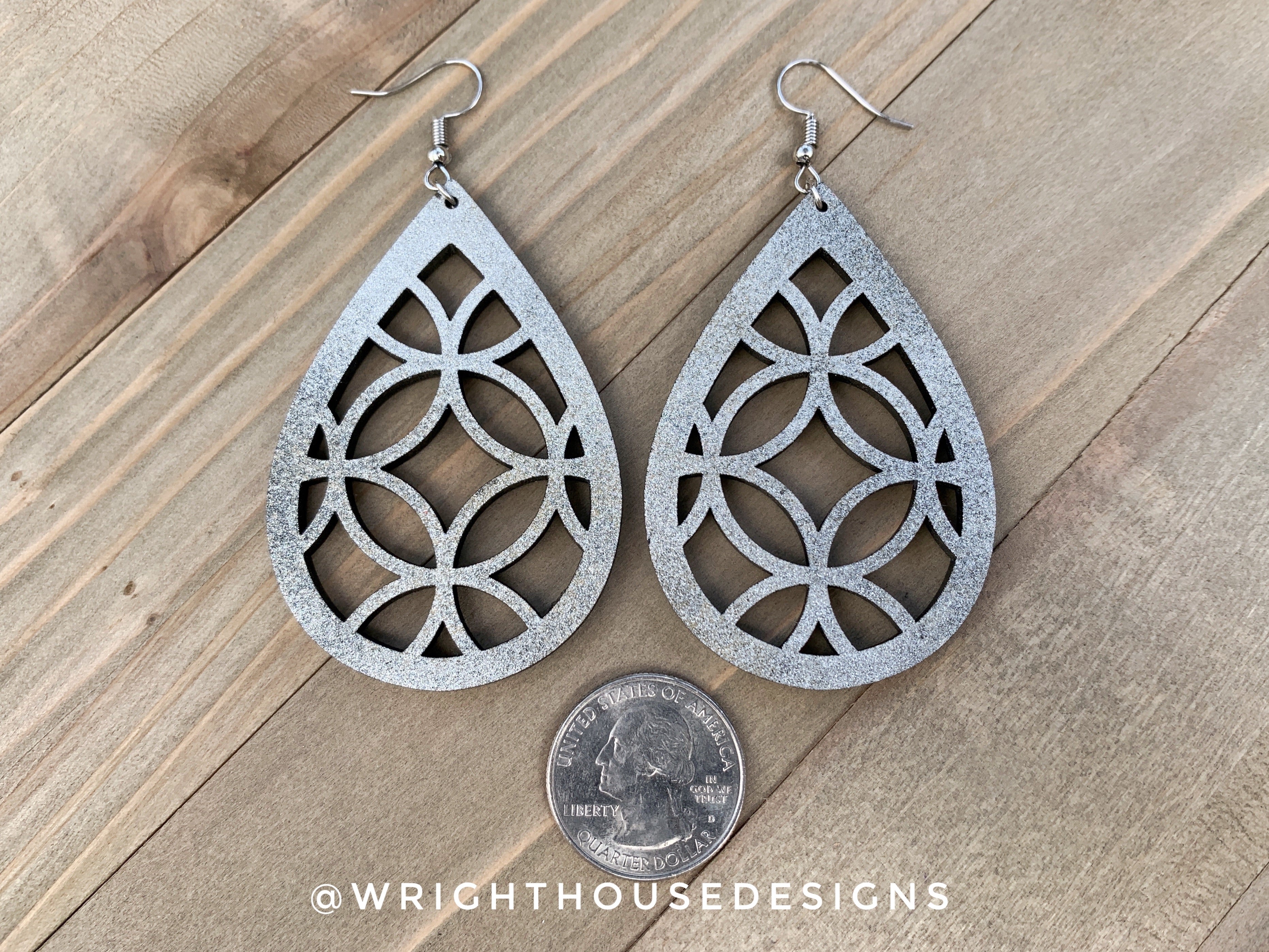 Silver and Black Circles - Geometric Pattern - Painted Wooden Earrings