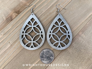 Silver and Black Circles - Geometric Pattern - Painted Wooden Earrings