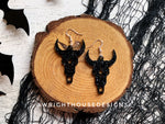 Load image into Gallery viewer, Gothic Style Cow Skulls - Witchy Halloween Earrings - Glitter Black Acrylic Handmade Jewelry
