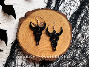 Gothic Style Cow Skulls - Witchy Halloween Earrings - Glitter Black Acrylic Handmade Jewelry