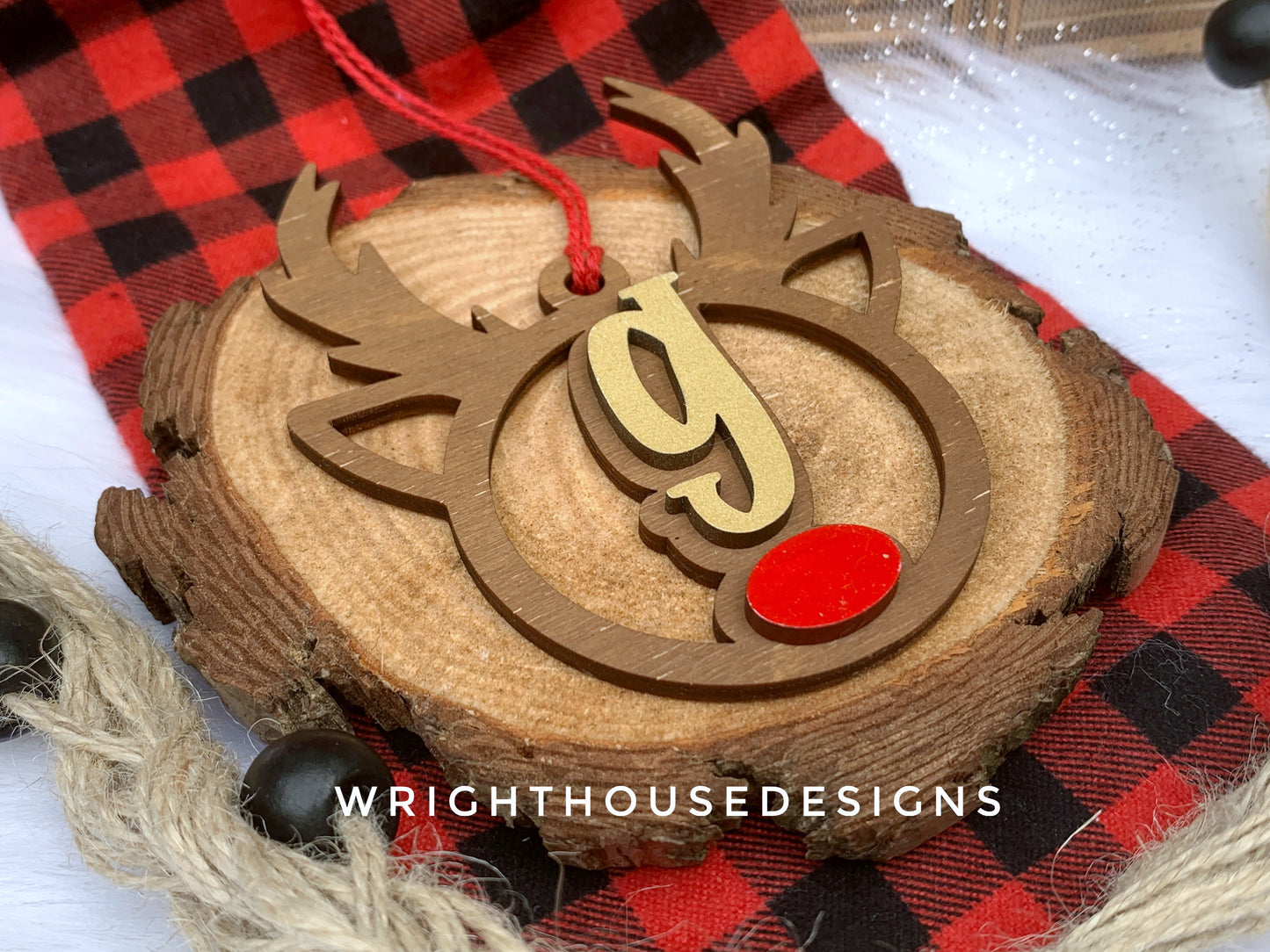 Personalized Reindeer - Monogram Name Initial - Wooden Christmas Tree Ornament - Gift Bag Tag - Handmade - Winter Decor - Holiday Gift