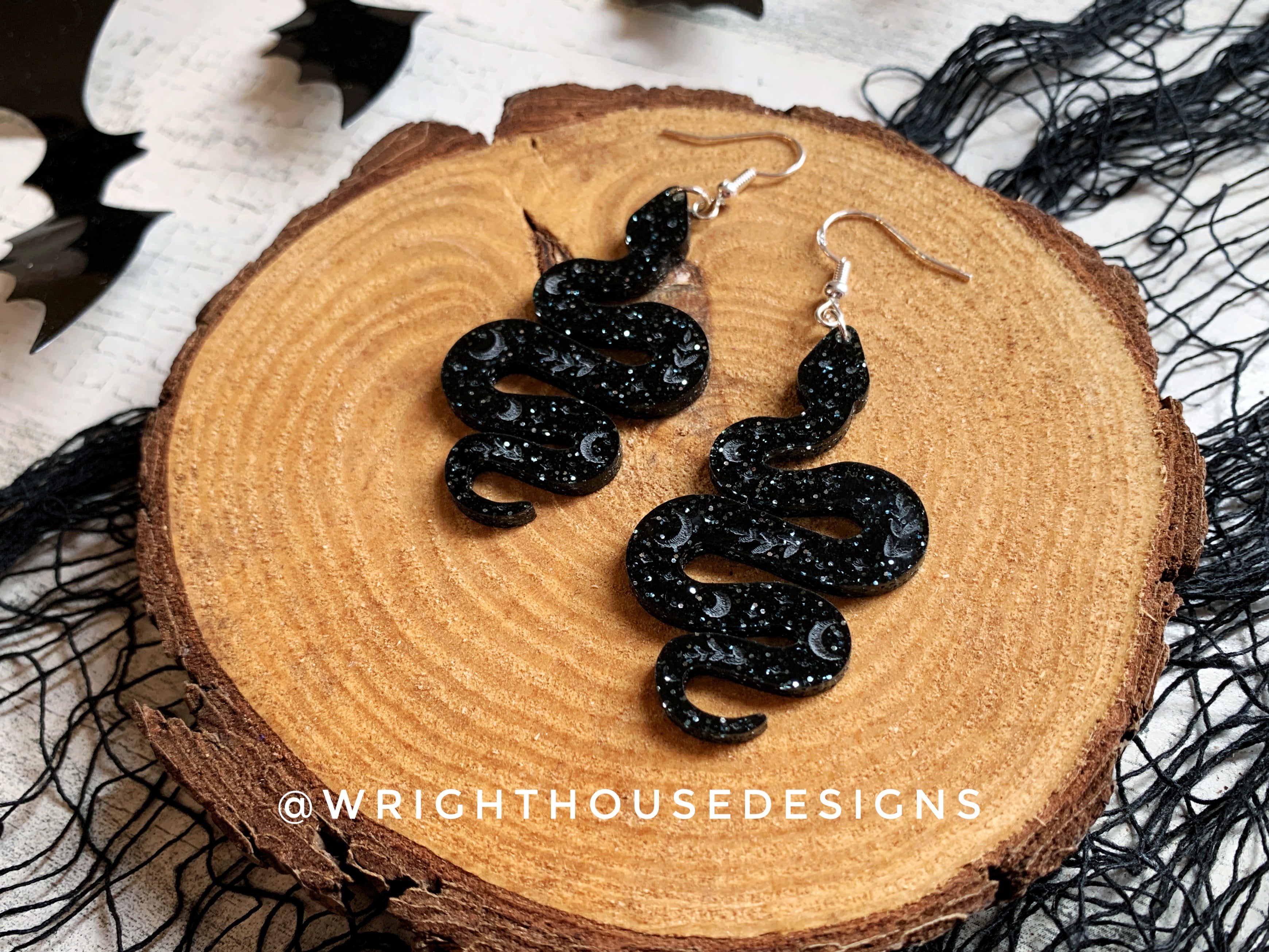 Celestial Snakes - Witchy Halloween Earrings - Engraved Glitter Black Acrylic Handmade Jewelry