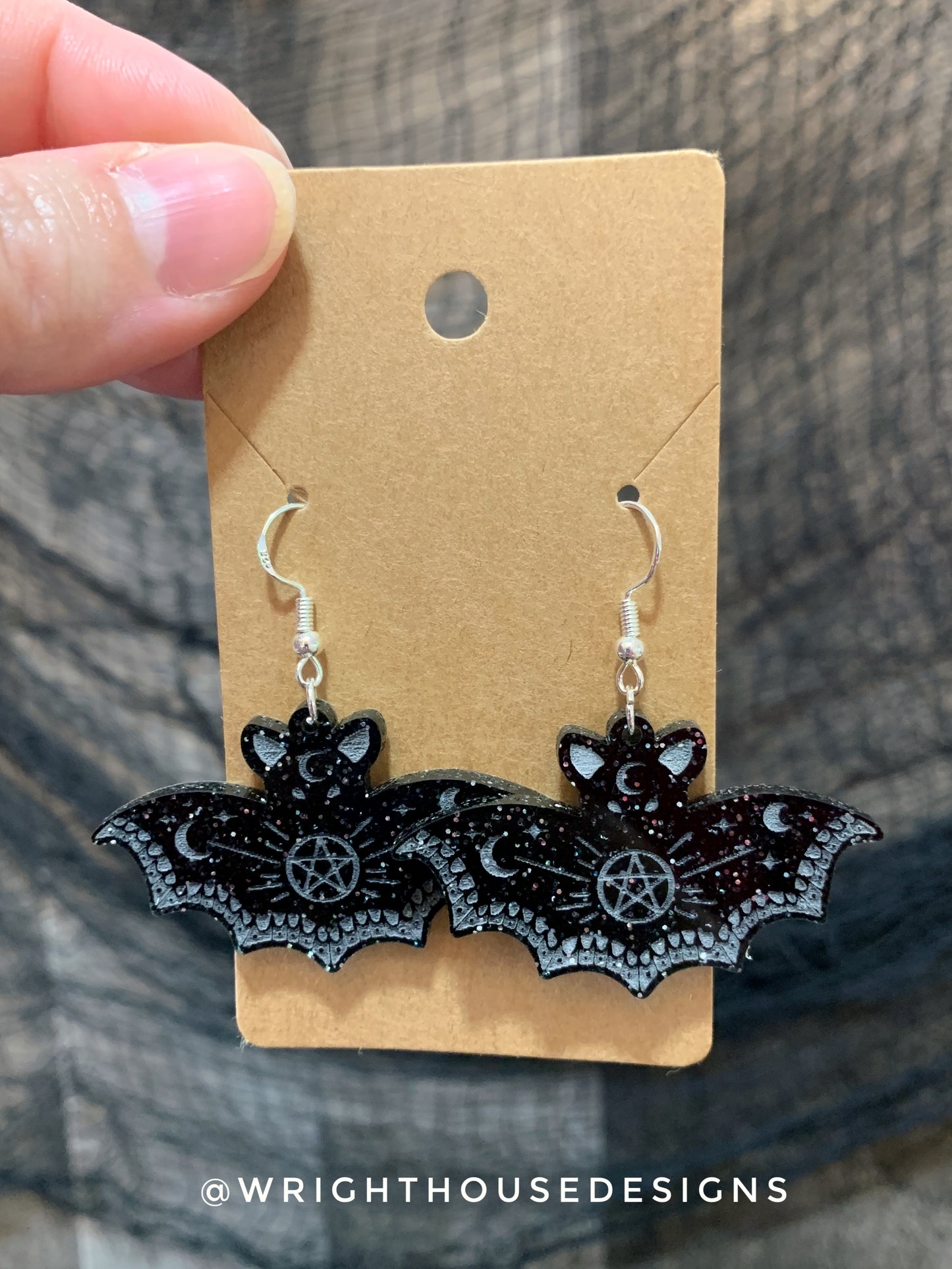 Engraved Celestial Bats - Halloween Earrings - Black Glitter Acrylic Handmade Jewelry