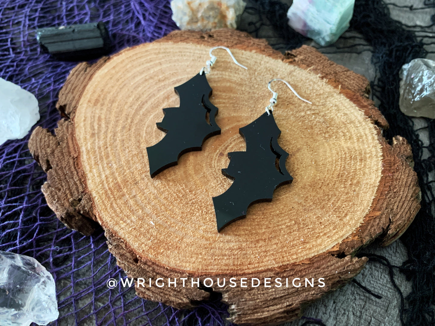 Witchy Gloss Black Bats - Cut Halloween Earrings - Gloss Black Acrylic Handmade Jewelry
