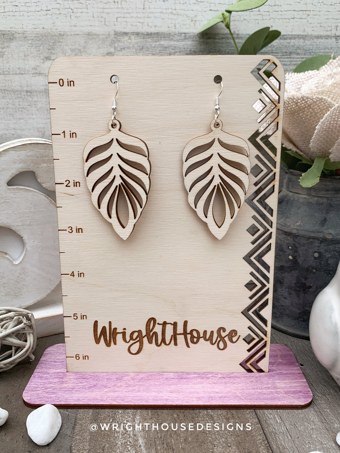 Peacock Feather Dangle Earrings - Style 9 - Rustic Birch Wooden Handmade Jewelry