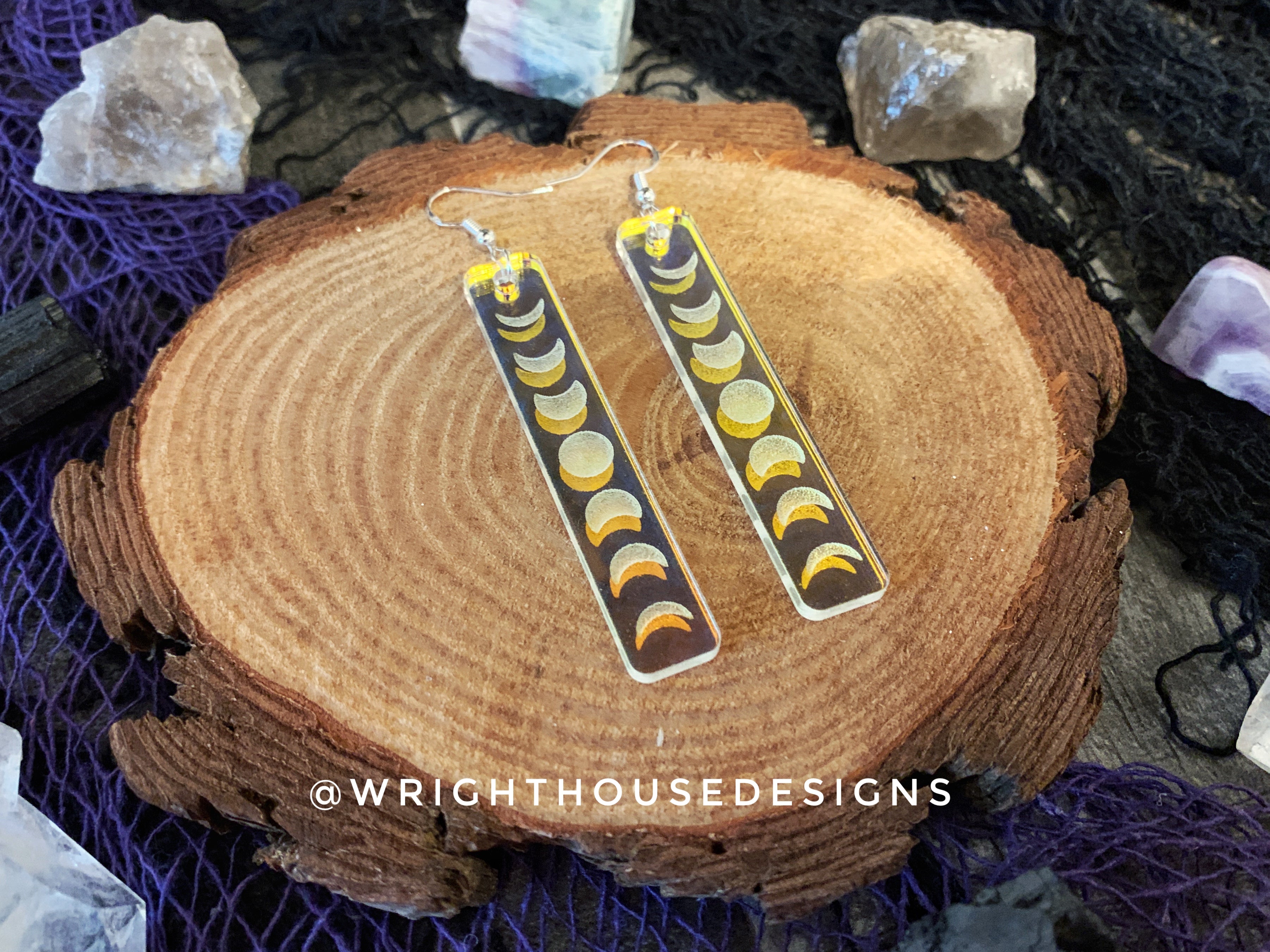 Engraved Moon Phase - Celestial Earrings - Rainbow Iridescent Acrylic Handmade Jewelry