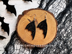 Witchy Glitter Bat Wings - Cut Halloween Earrings - Glitter Black Acrylic Handmade Jewelry