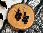 Load image into Gallery viewer, Celestial Snakes - Witchy Halloween Earrings - Engraved Glitter Black Acrylic Handmade Jewelry
