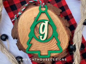 Personalized Pine Tree - Monogram Name Initial - Wooden Christmas Tree Ornament - Gift Bag Tag - Handmade - Winter Decor - Holiday Gift