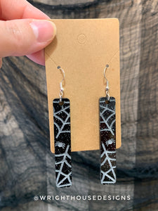 Engraved Spiderwebs - Halloween Earrings - Black Glitter Acrylic Handmade Jewelry