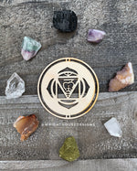 Load image into Gallery viewer, Chakra Symbols - Wood Crystal Grids - Coaster - Coffee and Tea - Meditation Guide
