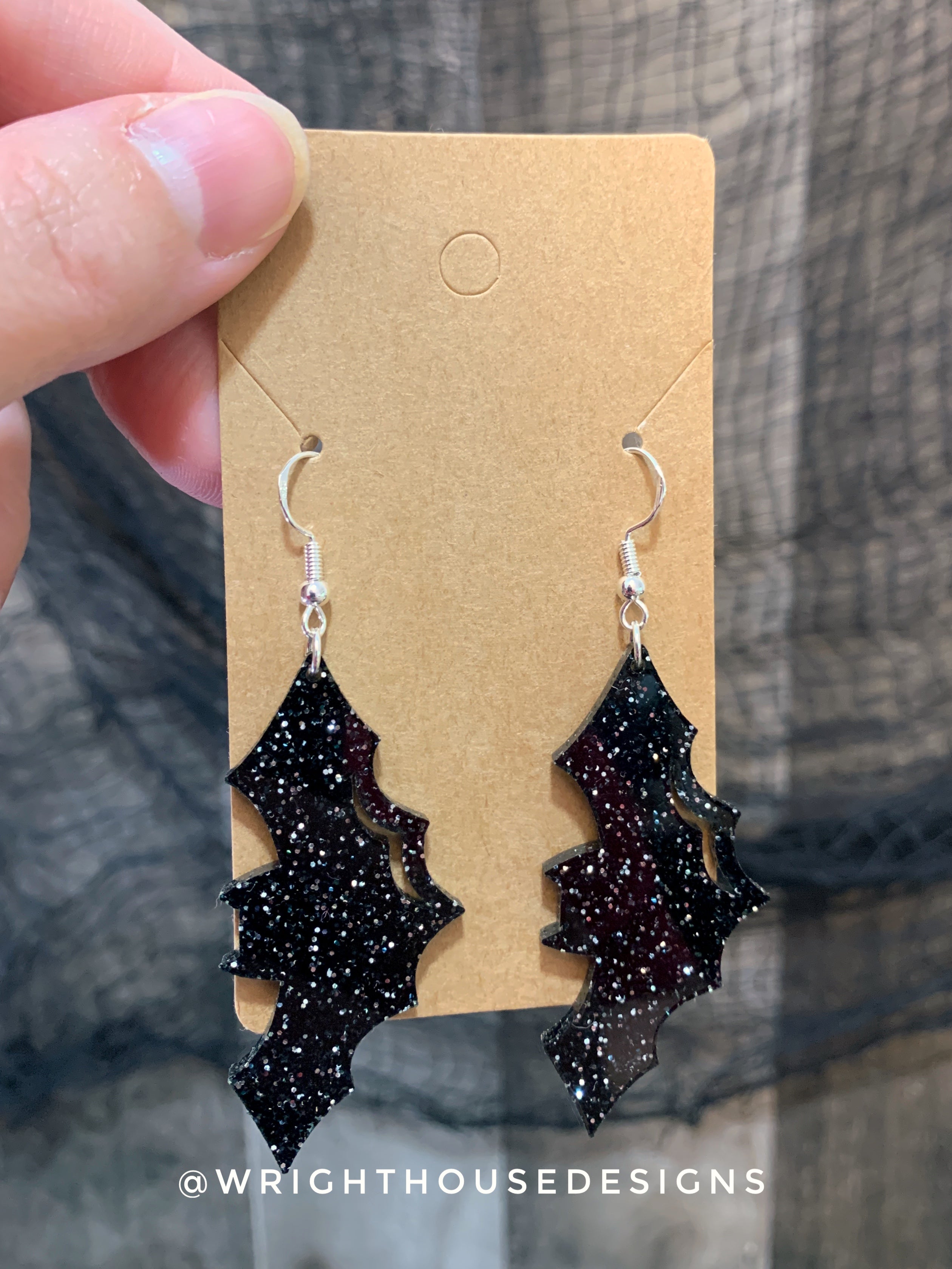 Witchy Glitter Bats - Cut Halloween Earrings - Black Glitter Acrylic Handmade Jewelry