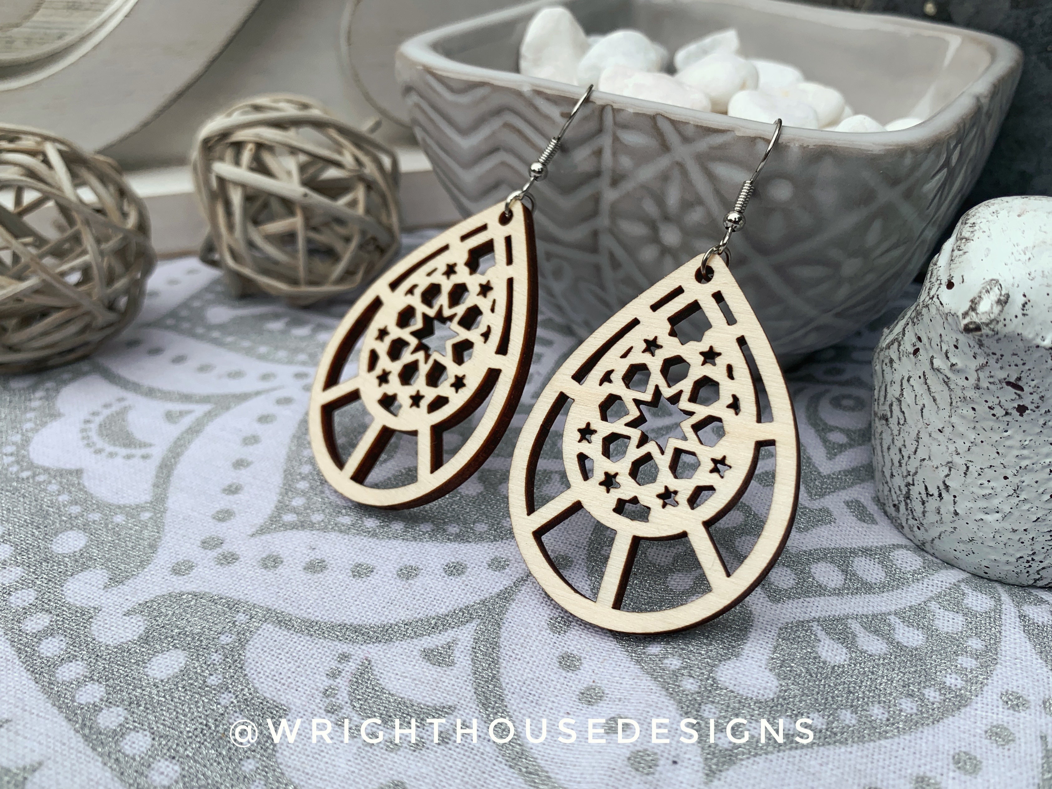 Geometric Teardrop Earrings - Style 4 - Select A Stain - Rustic Birch Wooden Handmade Jewelry