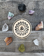 Load image into Gallery viewer, Chakra Symbols - Wood Crystal Grids - Coaster - Coffee and Tea - Meditation Guide
