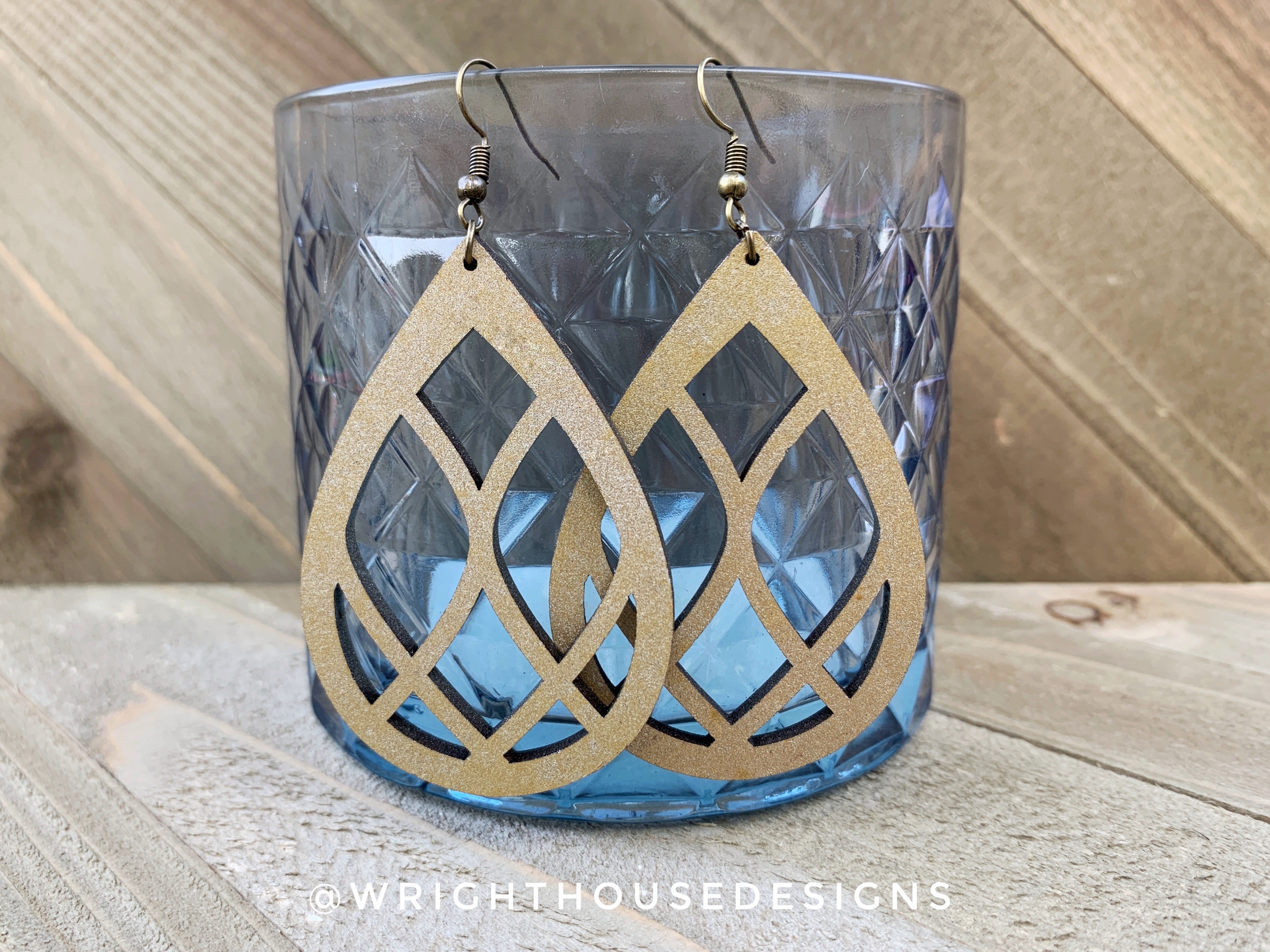 Gold and Silver Glitter - Geometric Loop Pattern - Painted Wooden Earrings