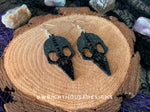 Load image into Gallery viewer, Gothic Style Bird Skulls - Witchy Halloween Earrings - Glitter Black Acrylic Handmade Jewelry
