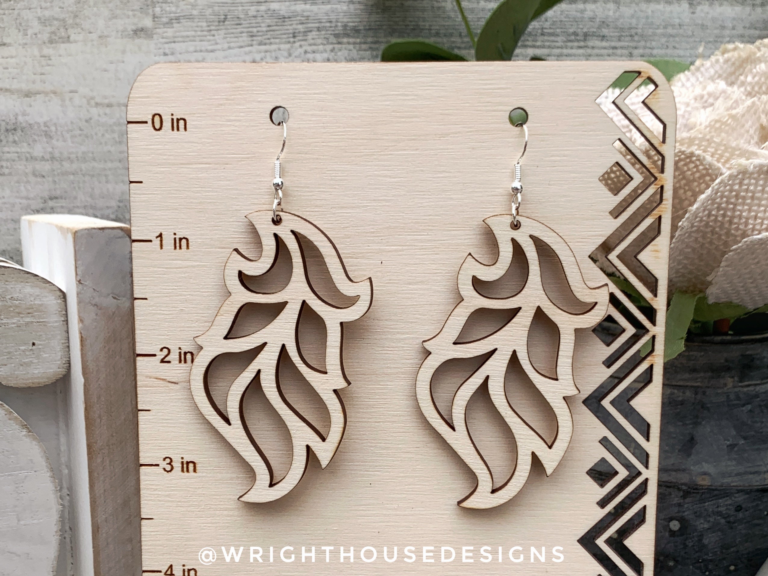 Peacock Feather Dangle Earrings - Style 1 - Rustic Birch Wooden Handmade Jewelry
