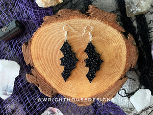 Witchy Glitter Bats - Cut Halloween Earrings - Black Glitter Acrylic Handmade Jewelry