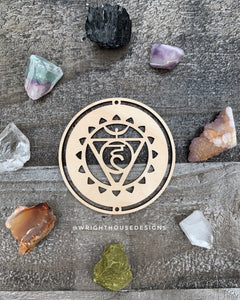 Chakra Symbols - Wood Crystal Grids - Coaster - Coffee and Tea - Meditation Guide