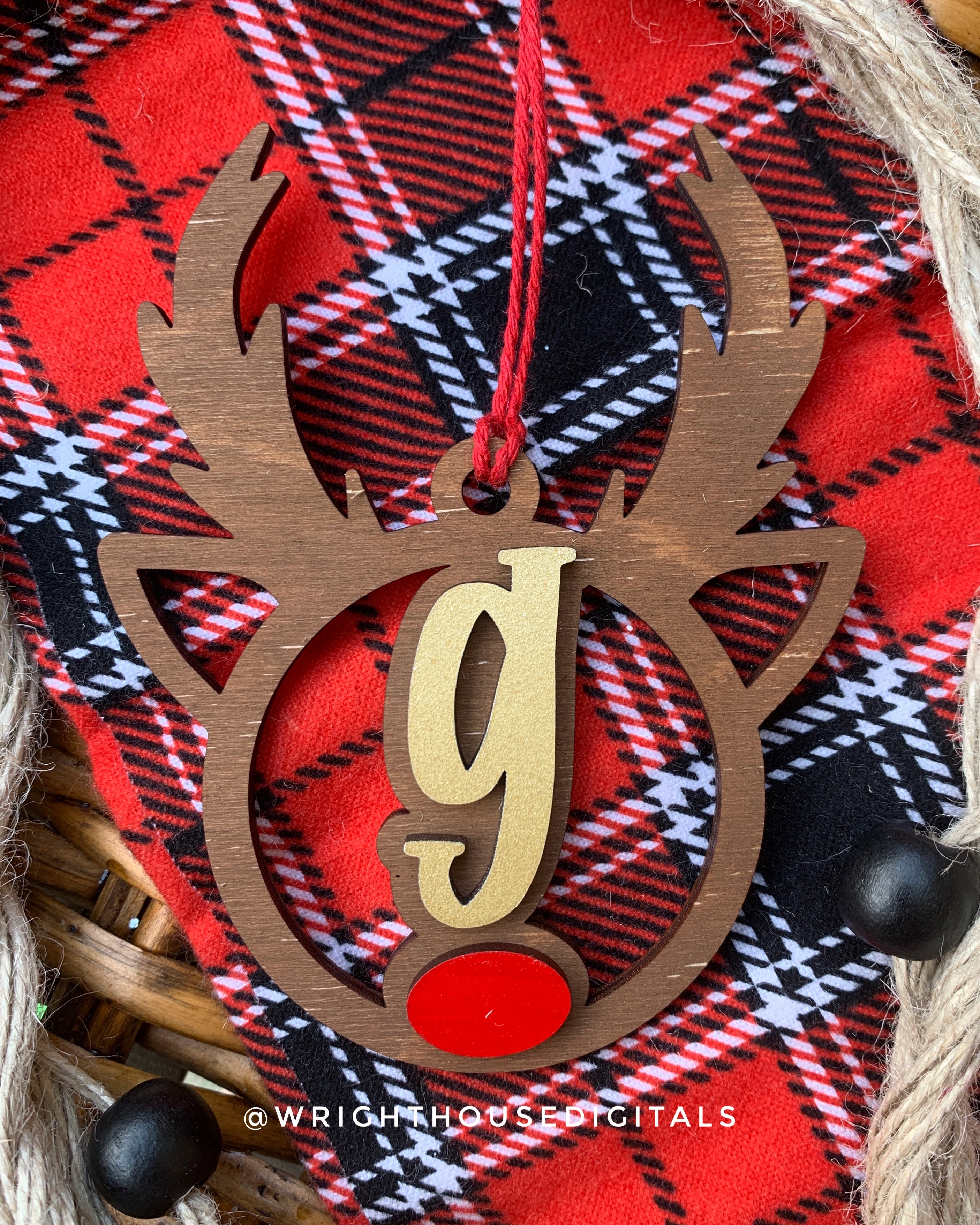 Personalized Reindeer - Monogram Name Initial - Wooden Christmas Tree Ornament - Gift Bag Tag - Handmade - Winter Decor - Holiday Gift