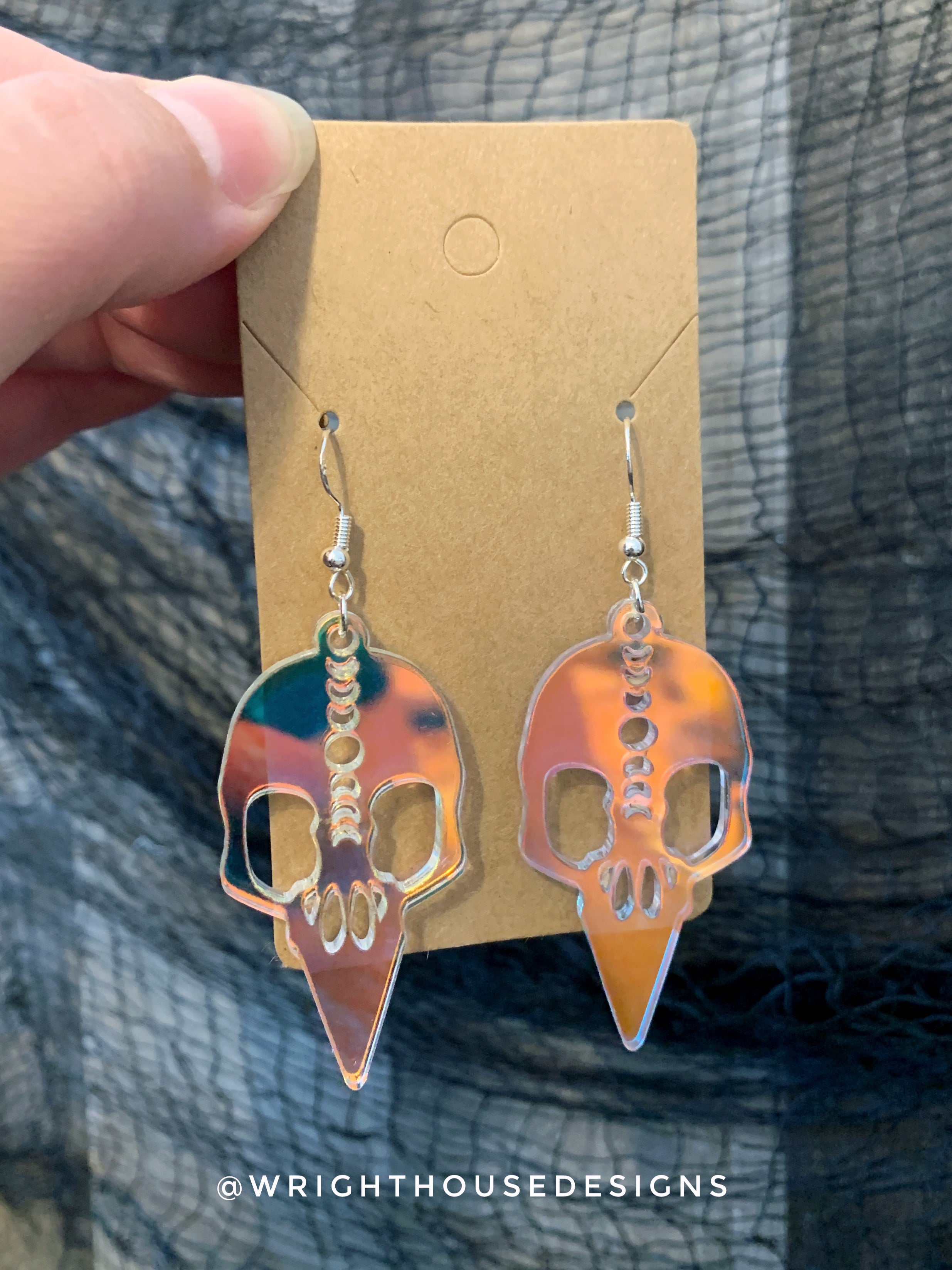 Gothic Style Bird Skulls - Witchy Halloween Earrings - Iridescent Acrylic Handmade Jewelry
