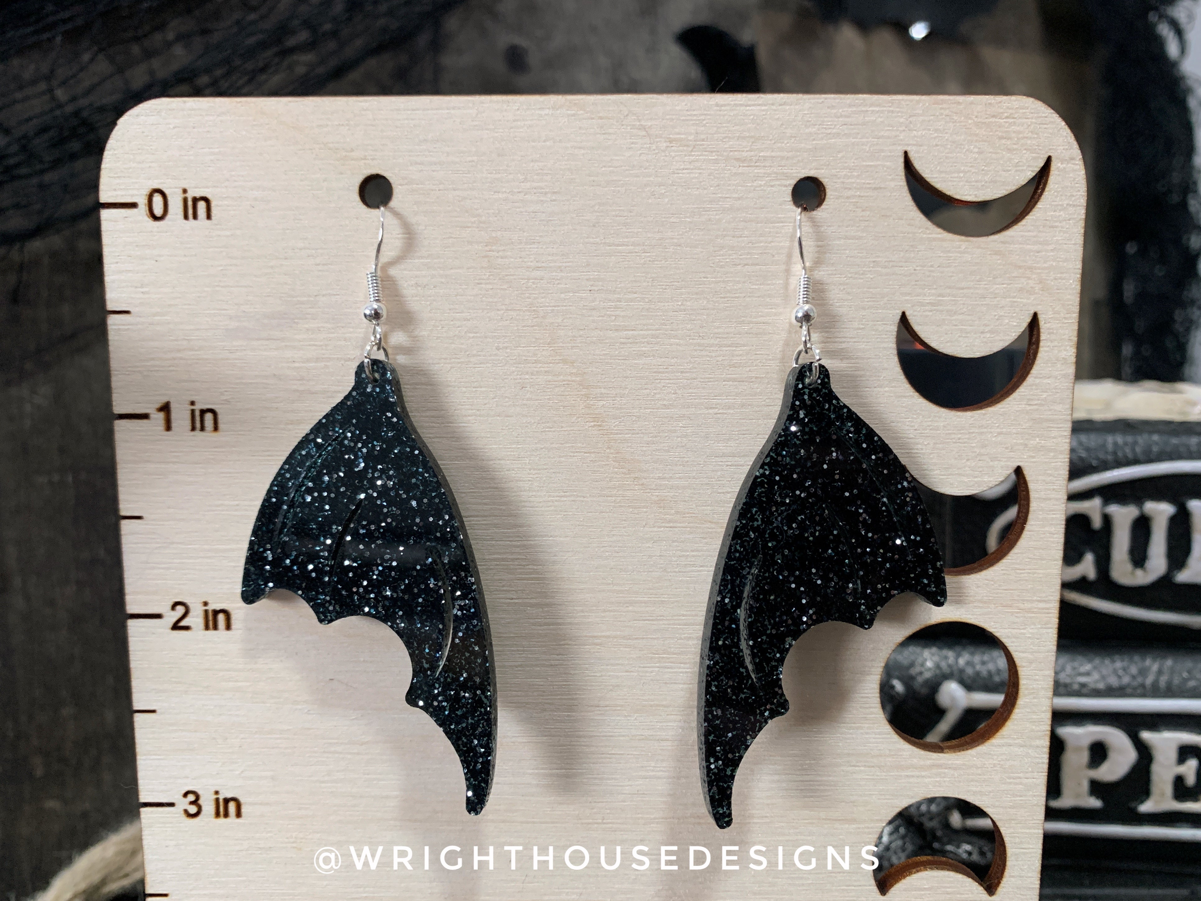 Witchy Glitter Bat Wings - Cut Halloween Earrings - Glitter Black Acrylic Handmade Jewelry