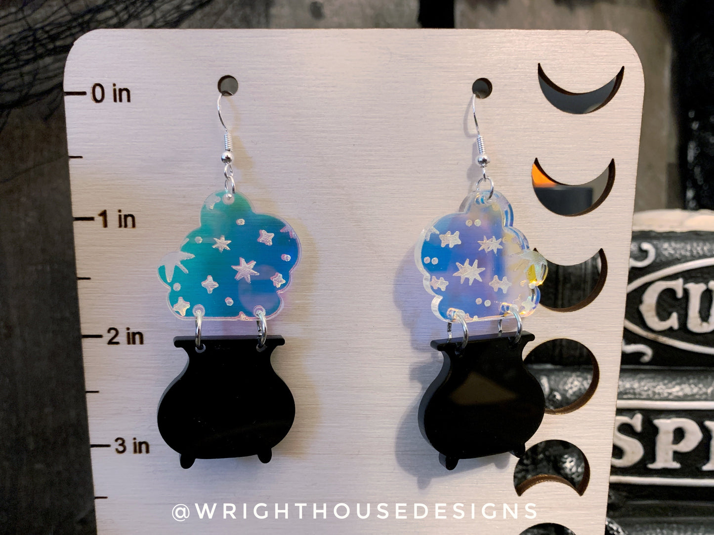 Bubbling Cauldron Two - Witchy Halloween Earrings - Engraved Iridescent Acrylic Handmade Jewelry