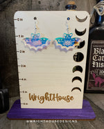 Load image into Gallery viewer, Engraved Celestial Bats - Halloween Earrings - Iridescent Acrylic Handmade Jewelry
