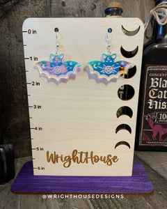 Engraved Celestial Bats - Halloween Earrings - Iridescent Acrylic Handmade Jewelry