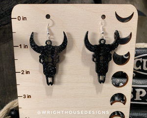 Gothic Style Cow Skulls - Witchy Halloween Earrings - Glitter Black Acrylic Handmade Jewelry