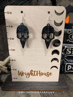 Load image into Gallery viewer, Gothic Style Bird Skulls - Witchy Halloween Earrings - Glitter Black Acrylic Handmade Jewelry
