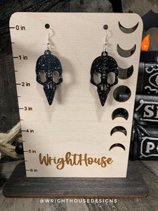 Gothic Style Bird Skulls - Witchy Halloween Earrings - Glitter Black Acrylic Handmade Jewelry