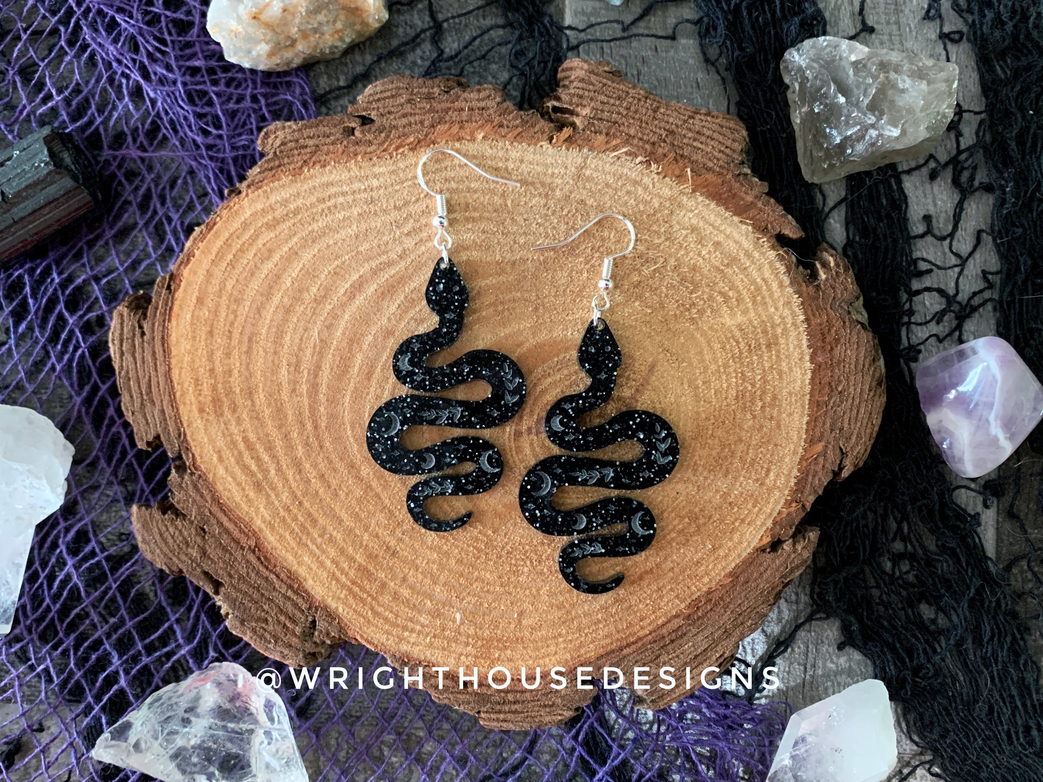 Celestial Snakes - Witchy Halloween Earrings - Engraved Glitter Black Acrylic Handmade Jewelry